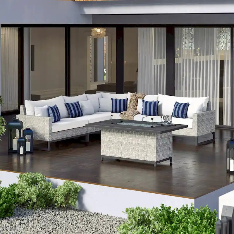 Milo Gray 6 Piece Sunbrella Outdoor Patio Fire Sectional with Table