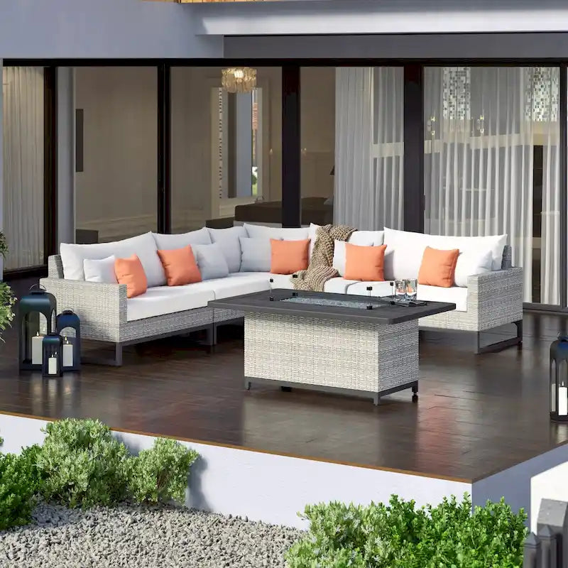 Milo Gray 6 Piece Sunbrella Outdoor Patio Fire Sectional with Table