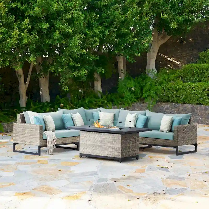 Milo Gray 6 Piece Sunbrella Outdoor Patio Fire Sectional with Table