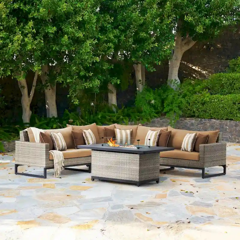 Milo Gray 6 Piece Sunbrella Outdoor Patio Fire Sectional with Table