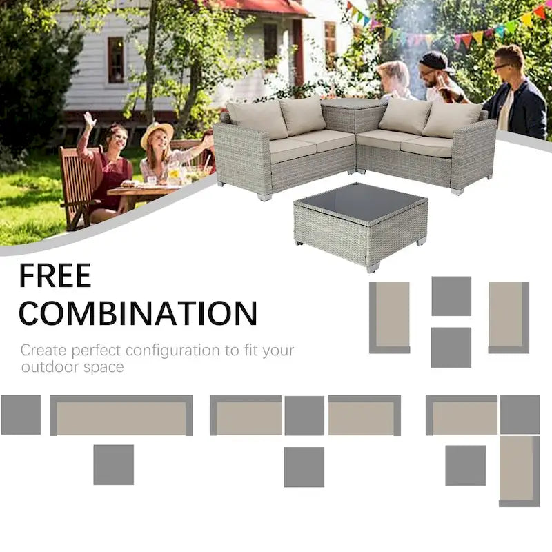 4-Pieces Gray Wicker Outdoor Sectional Set with Cushions and Storage Box