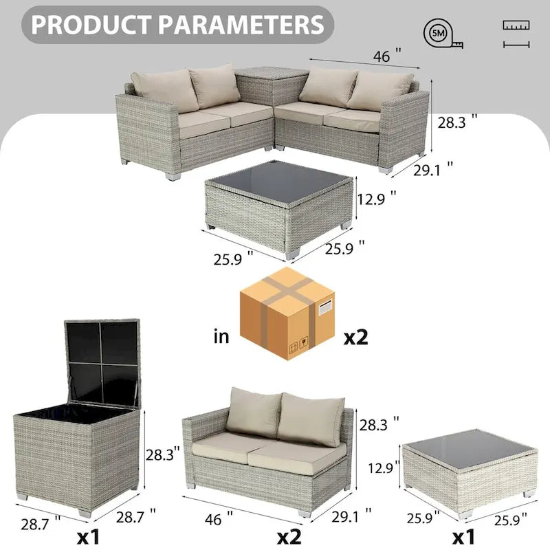 4-Pieces Gray Wicker Outdoor Sectional Set with Cushions and Storage Box