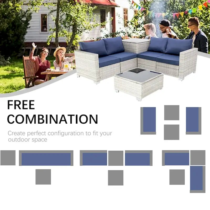 4-Pieces Gray Wicker Outdoor Sectional Set with Cushions and Storage Box