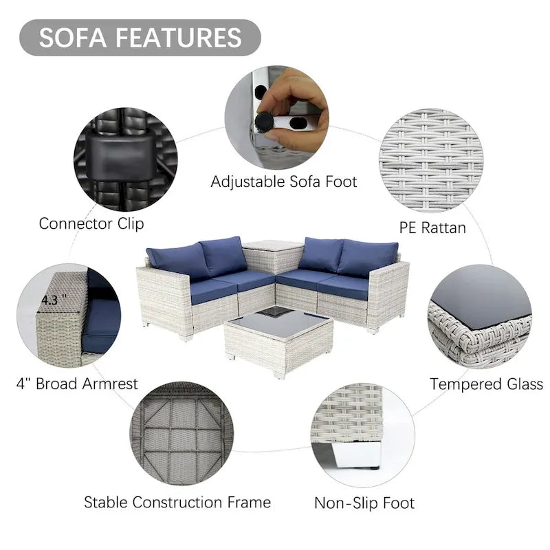 4-Pieces Gray Wicker Outdoor Sectional Set with Cushions and Storage Box