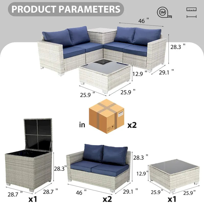 4-Pieces Gray Wicker Outdoor Sectional Set with Cushions and Storage Box