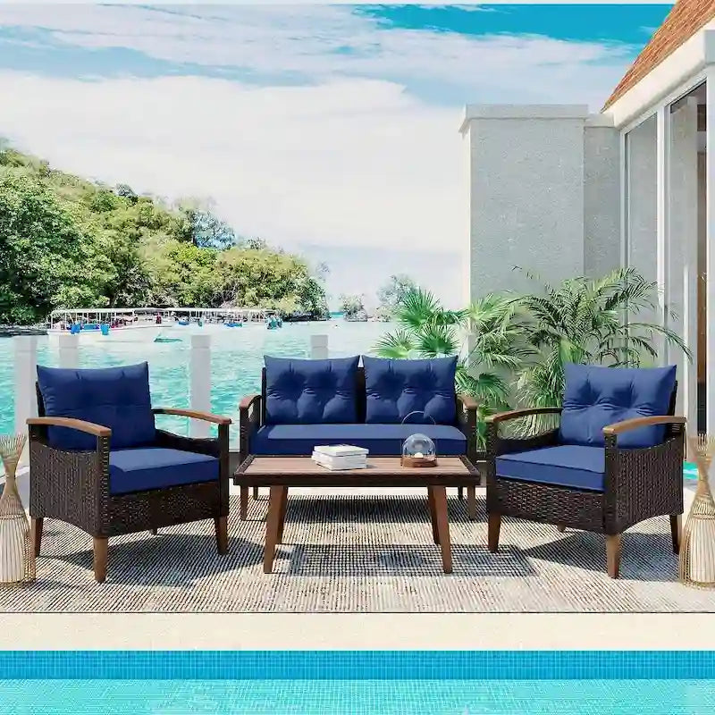 Set Conversazione da Esterno 4 Pezzi per Patio, Divano Doppio con 2 Poltrone Singole e Tavolino da Caffè