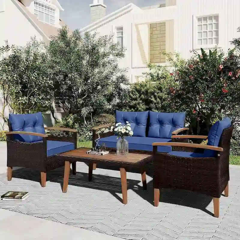 Set Conversazione da Esterno 4 Pezzi per Patio, Divano Doppio con 2 Poltrone Singole e Tavolino da Caffè