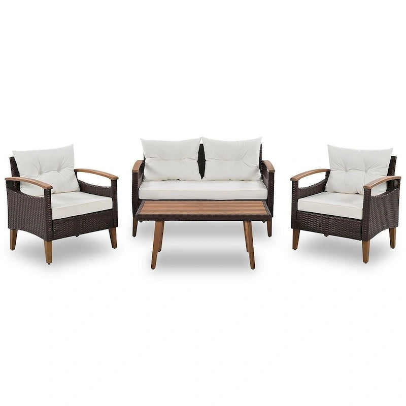 Set Conversazione da Esterno 4 Pezzi per Patio, Divano Doppio con 2 Poltrone Singole e Tavolino da Caffè