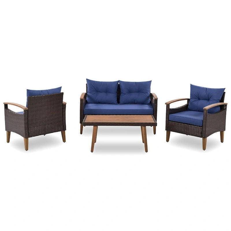 Set Conversazione da Esterno 4 Pezzi per Patio, Divano Doppio con 2 Poltrone Singole e Tavolino da Caffè