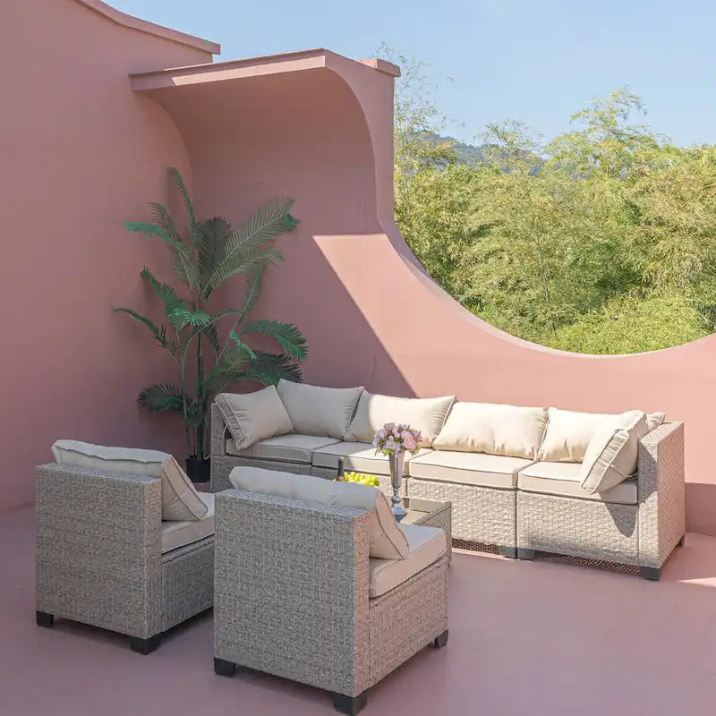 7-Piece Patio Furniture Set, All-Weather Boho Outdoor Conversation Set Sectional Sofa with Water Resistant Grey Thick Cushions