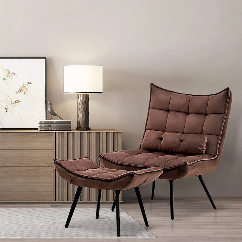 Mcombo Accent Chair with Ottoman, Velvet Tufted Wingback Chair, Upholstered Chairs with Metal Legs for Bedroom Living Room 4079