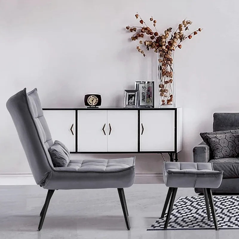 Mcombo Accent Chair with Ottoman, Velvet Tufted Wingback Chair, Upholstered Chairs with Metal Legs for Bedroom Living Room 4079