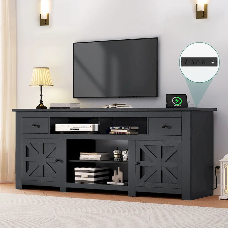 Moasis 70 Farmhouse TV Stand, Entertainment Center with Power Outlet for TVs Up to 80 Inch - 70L x 15.5W x 30H