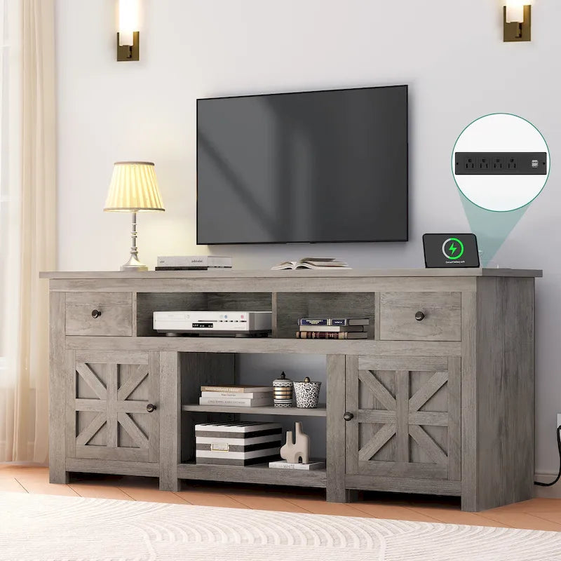 Moasis 70 Farmhouse TV Stand, Entertainment Center with Power Outlet for TVs Up to 80 Inch - 70L x 15.5W x 30H