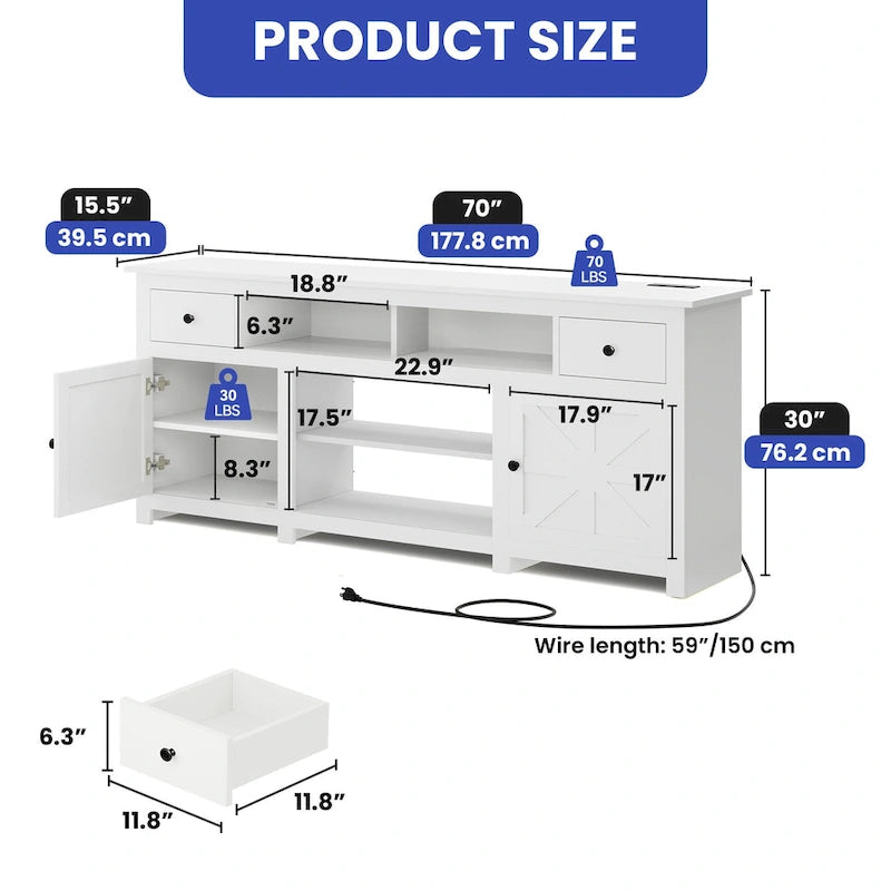 Moasis 70 Farmhouse TV Stand, Entertainment Center with Power Outlet for TVs Up to 80 Inch - 70L x 15.5W x 30H