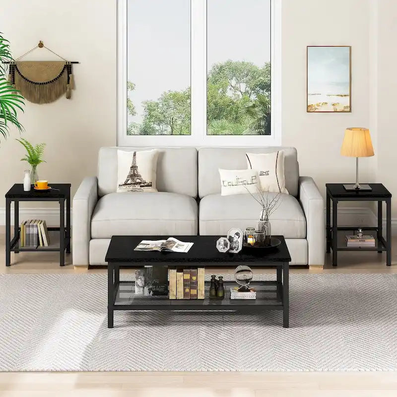 Coffee Table Set of 3, Coffee Table with 2 Square End Side Tables, Living Room Table Set for Home Office