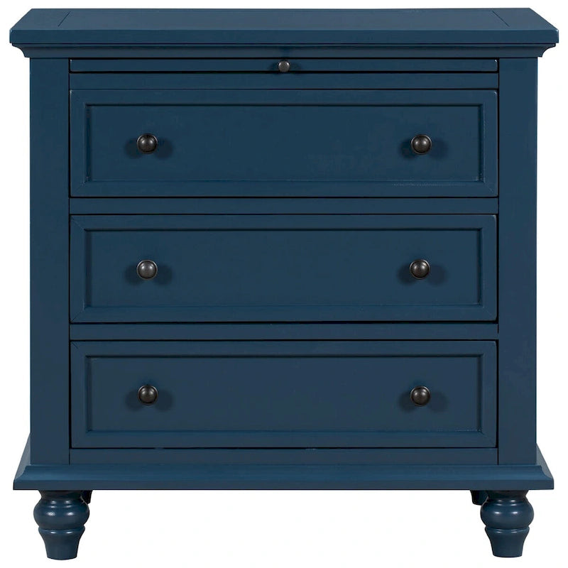 Solid Pine Wood End Table with Pull-out Tray and 3 Drawer, Easy Assembly