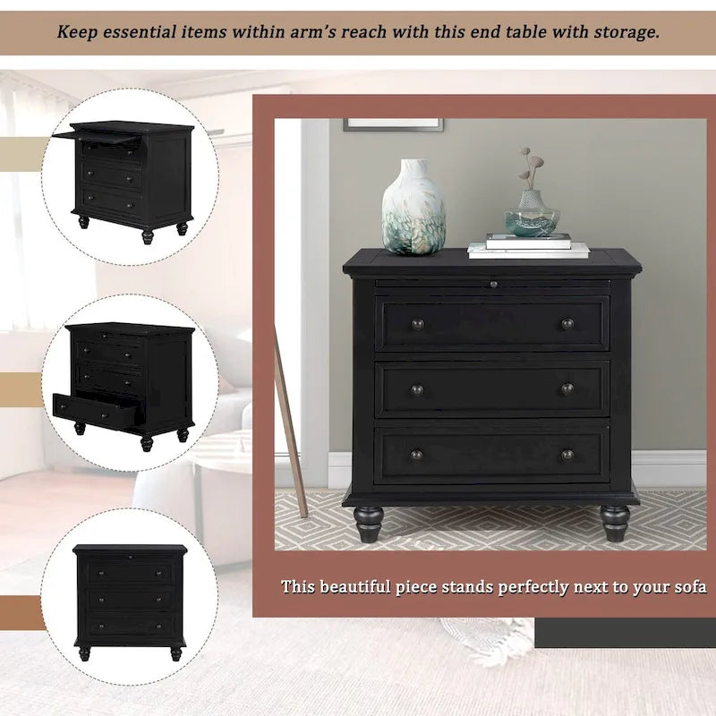 Solid Pine Wood End Table with Pull-out Tray and 3 Drawer, Easy Assembly