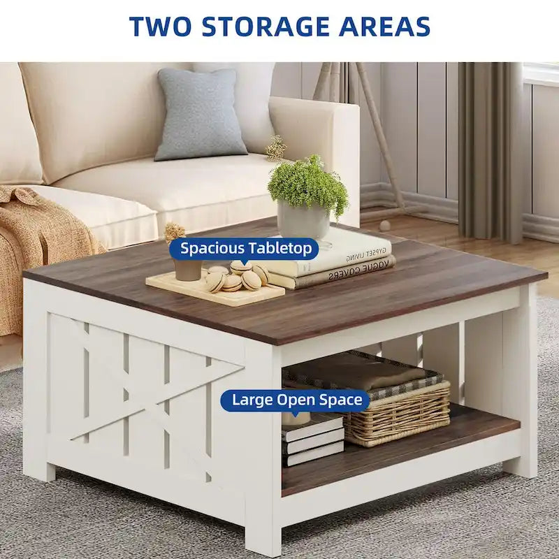 Moasis Farmhouse Coffee Table with Storage for Living Room Square Center Table