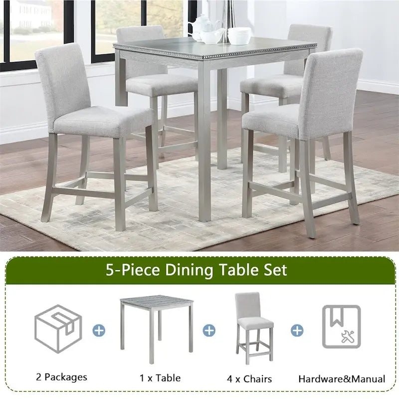 Set da 5 pezzi di tavolo e sedie da pranzo in legno, altezza bancone