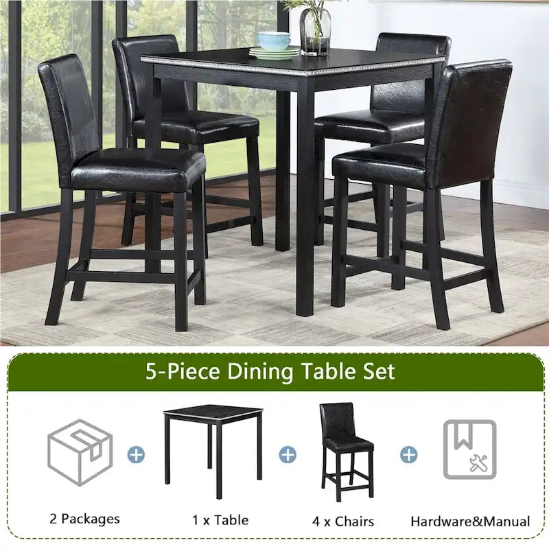 Set da 5 pezzi di tavolo e sedie da pranzo in legno, altezza bancone