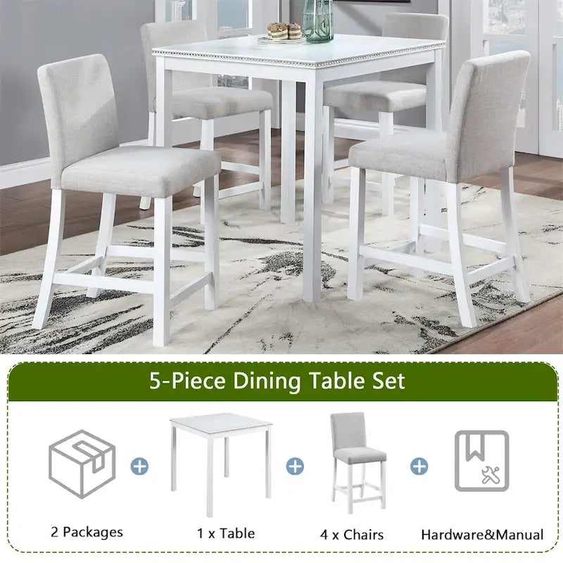 Set da 5 pezzi di tavolo e sedie da pranzo in legno, altezza bancone
