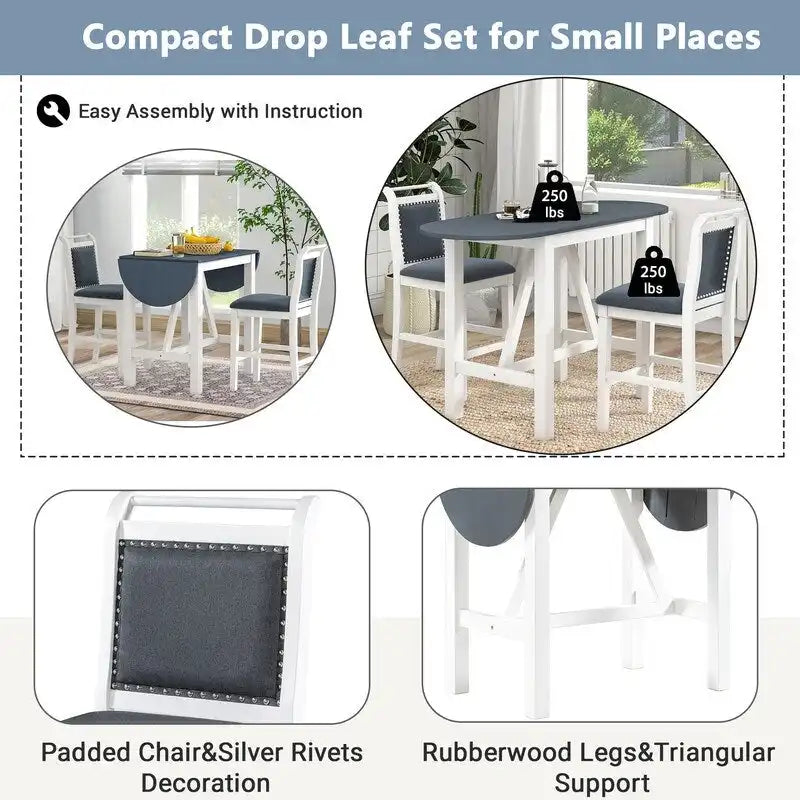 3-Piece Wood Counter Height Drop Leaf Dining Table Set with 2 Upholstered Dining Chairs for Small Place