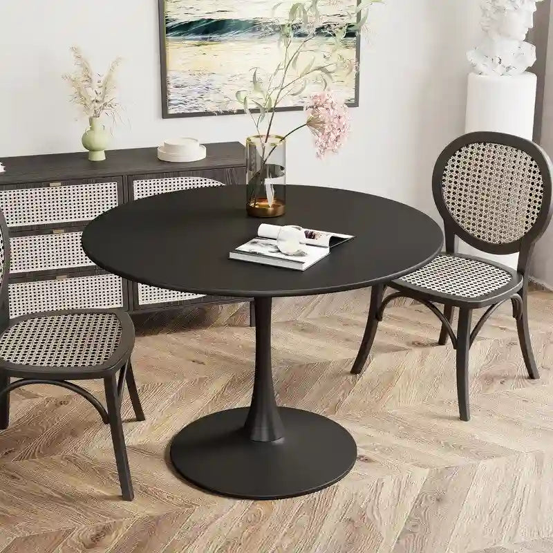 Grondin Mid-Century Modern Round Kitchen or Dining Table with Premium MDF Top and Steel Pedestal Base for Dining Room