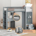 Loft Bed with Large Shelves, Writing Desk and LED Light