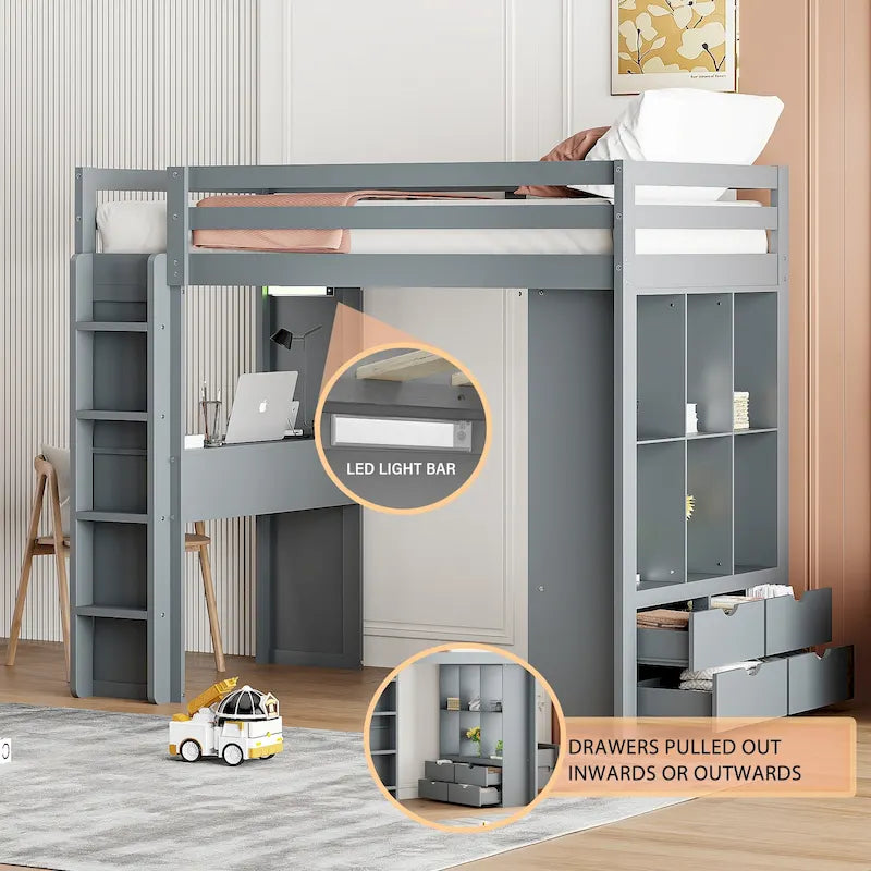 Loft Bed with Large Shelves, Writing Desk and LED Light