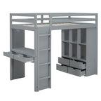 Loft Bed with Large Shelves, Writing Desk and LED Light