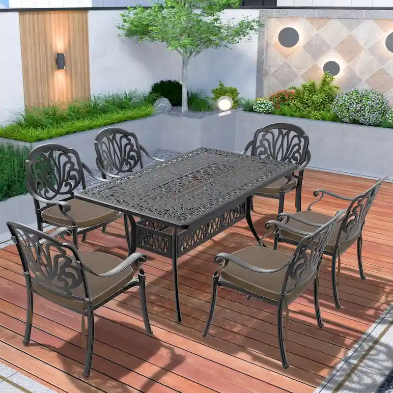 5/7-Piece Cast Aluminum Outdoor Dining Set with 58.27 L X 34.65 W Rectangular Table and Random Color Seat Cushions