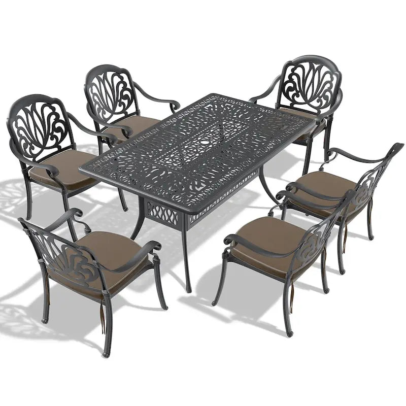 5/7-Piece Cast Aluminum Outdoor Dining Set with 58.27 L X 34.65 W Rectangular Table and Random Color Seat Cushions