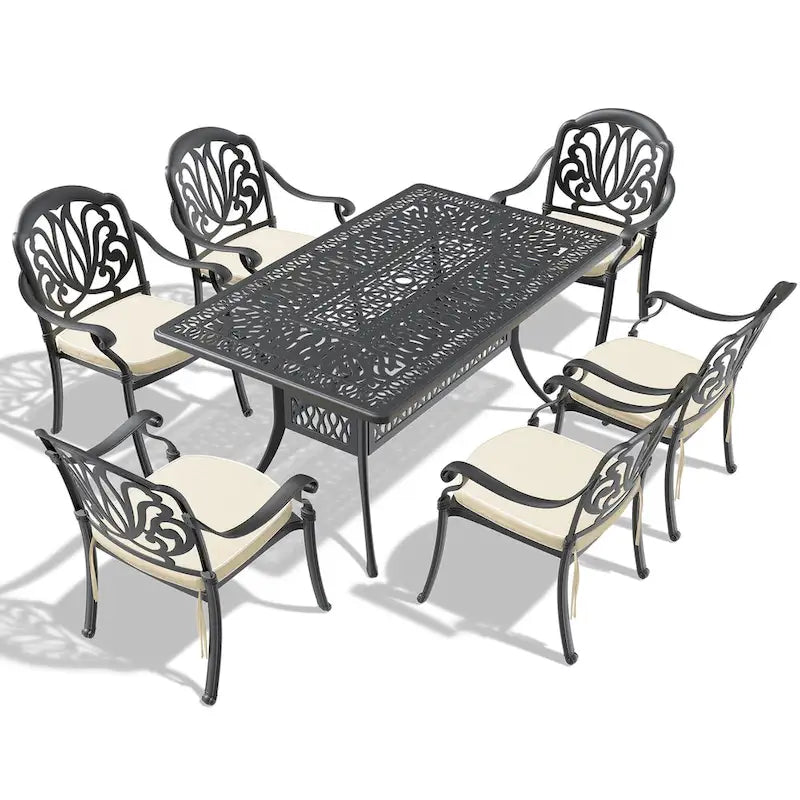 5/7-Piece Cast Aluminum Outdoor Dining Set with 58.27 L X 34.65 W Rectangular Table and Random Color Seat Cushions