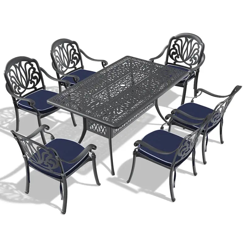 5/7-Piece Cast Aluminum Outdoor Dining Set with 58.27 L X 34.65 W Rectangular Table and Random Color Seat Cushions