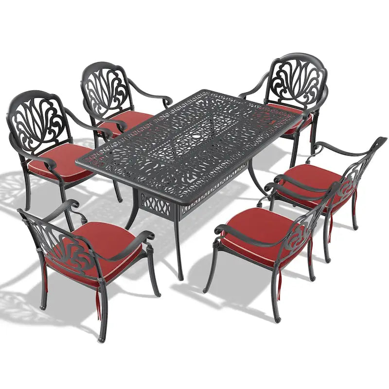 5/7-Piece Cast Aluminum Outdoor Dining Set with 58.27 L X 34.65 W Rectangular Table and Random Color Seat Cushions