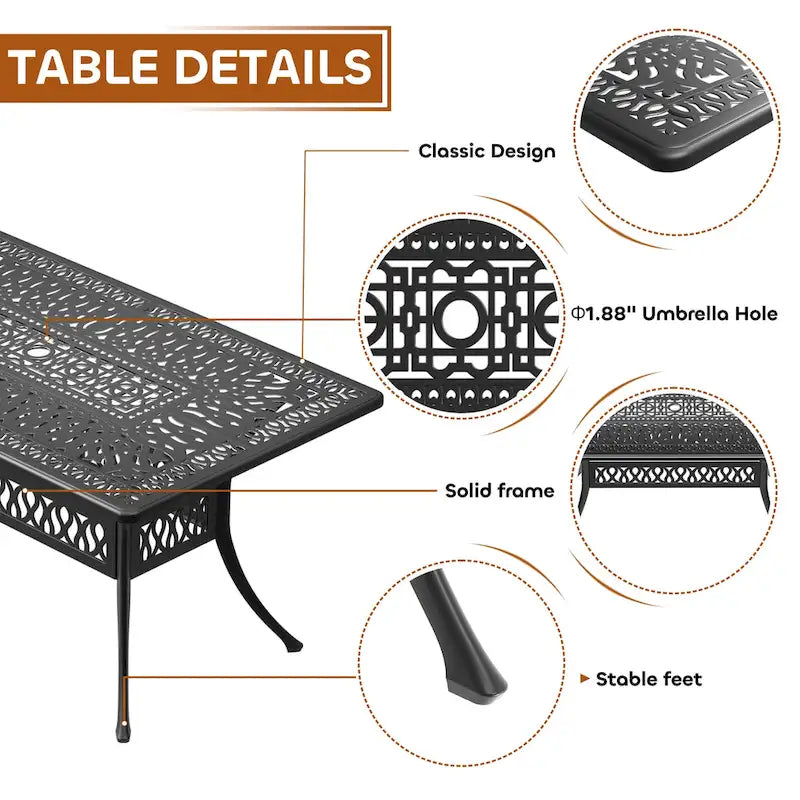 5/7-Piece Cast Aluminum Outdoor Dining Set with 58.27 L X 34.65 W Rectangular Table and Random Color Seat Cushions