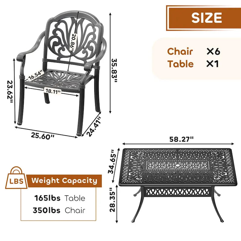 5/7-Piece Cast Aluminum Outdoor Dining Set with 58.27 L X 34.65 W Rectangular Table and Random Color Seat Cushions