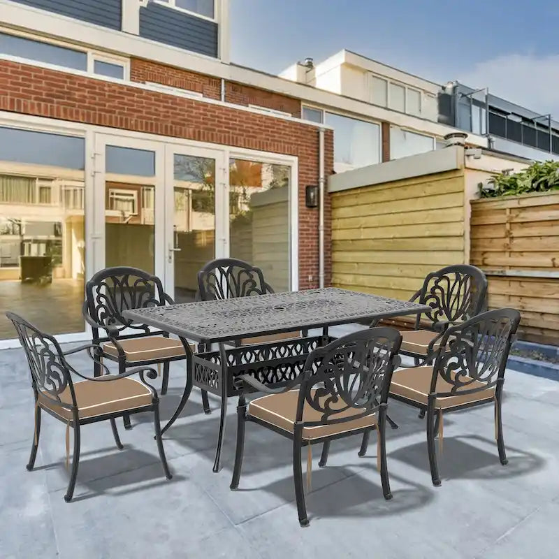 5/7-Piece Cast Aluminum Outdoor Dining Set with 58.27 L X 34.65 W Rectangular Table and Random Color Seat Cushions