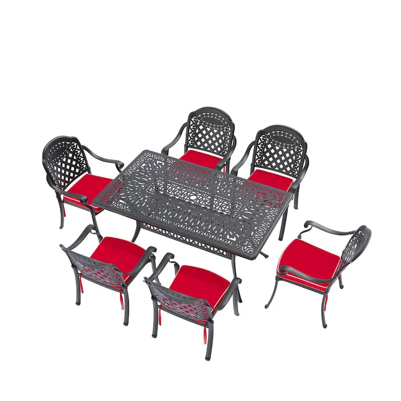 5/7-Piece Cast Aluminum Outdoor Dining Set with 58.27 L X 34.65 W Rectangular Table and Random Color Seat Cushions