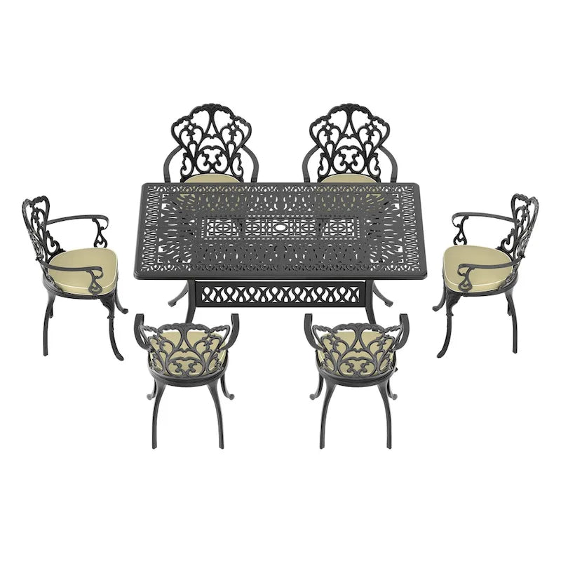 5/7-Piece Cast Aluminum Outdoor Dining Set with 58.27 L X 34.65 W Rectangular Table and Random Color Seat Cushions