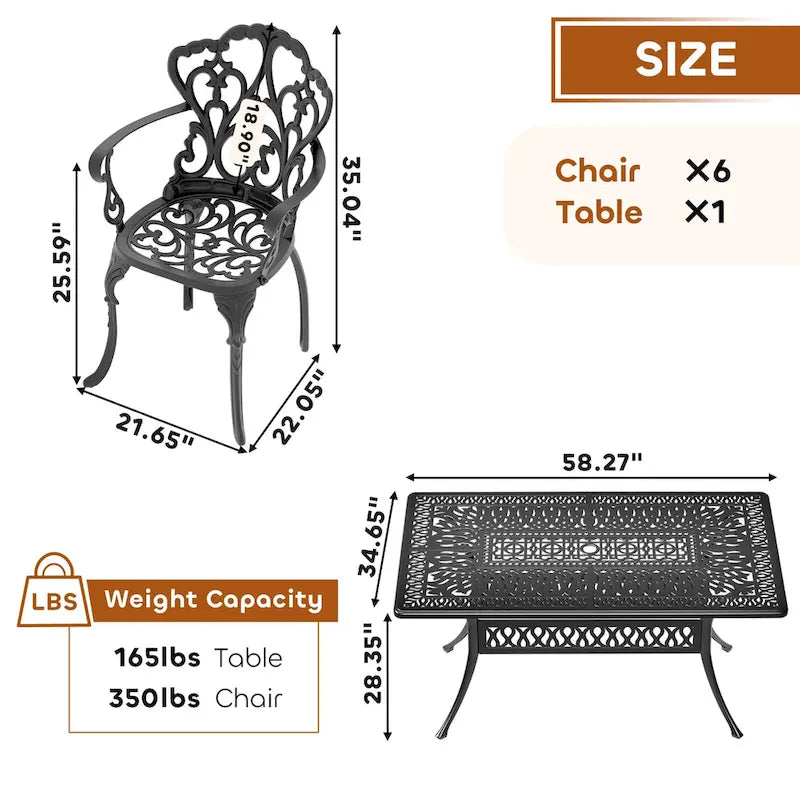 5/7-Piece Cast Aluminum Outdoor Dining Set with 58.27 L X 34.65 W Rectangular Table and Random Color Seat Cushions
