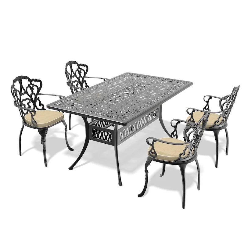 5/7-Piece Cast Aluminum Outdoor Dining Set with 58.27 L X 34.65 W Rectangular Table and Random Color Seat Cushions