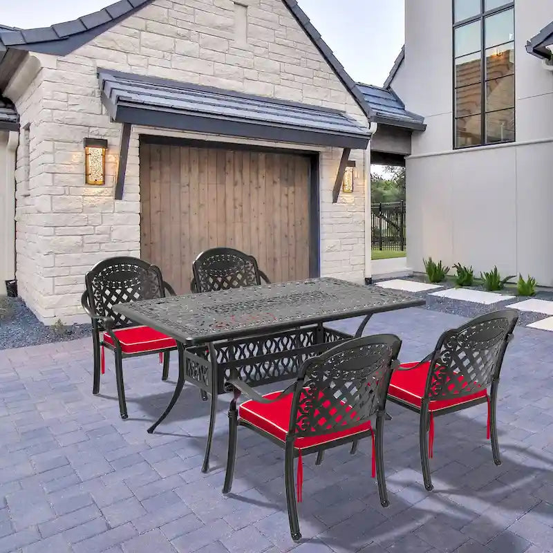 5/7-Piece Cast Aluminum Outdoor Dining Set with 58.27 L X 34.65 W Rectangular Table and Random Color Seat Cushions