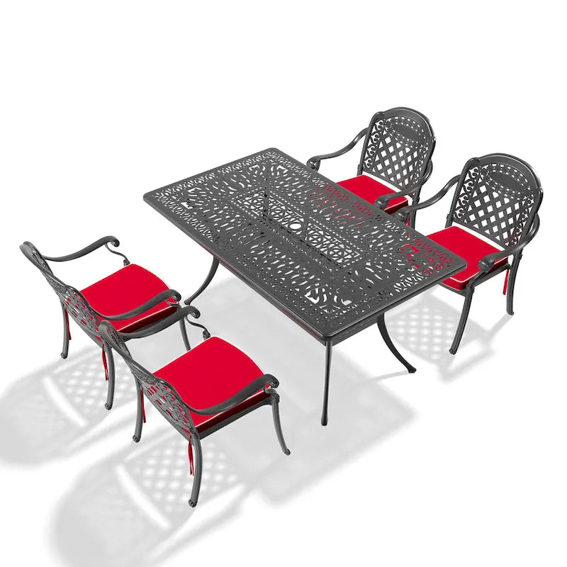 5/7-Piece Cast Aluminum Outdoor Dining Set with 58.27 L X 34.65 W Rectangular Table and Random Color Seat Cushions