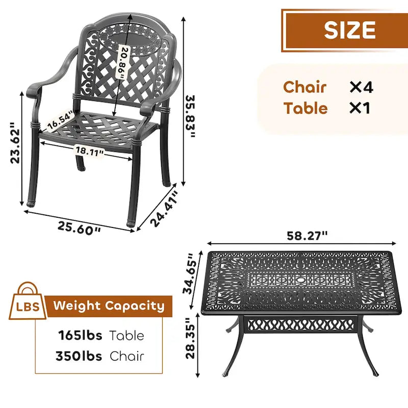 5/7-Piece Cast Aluminum Outdoor Dining Set with 58.27 L X 34.65 W Rectangular Table and Random Color Seat Cushions