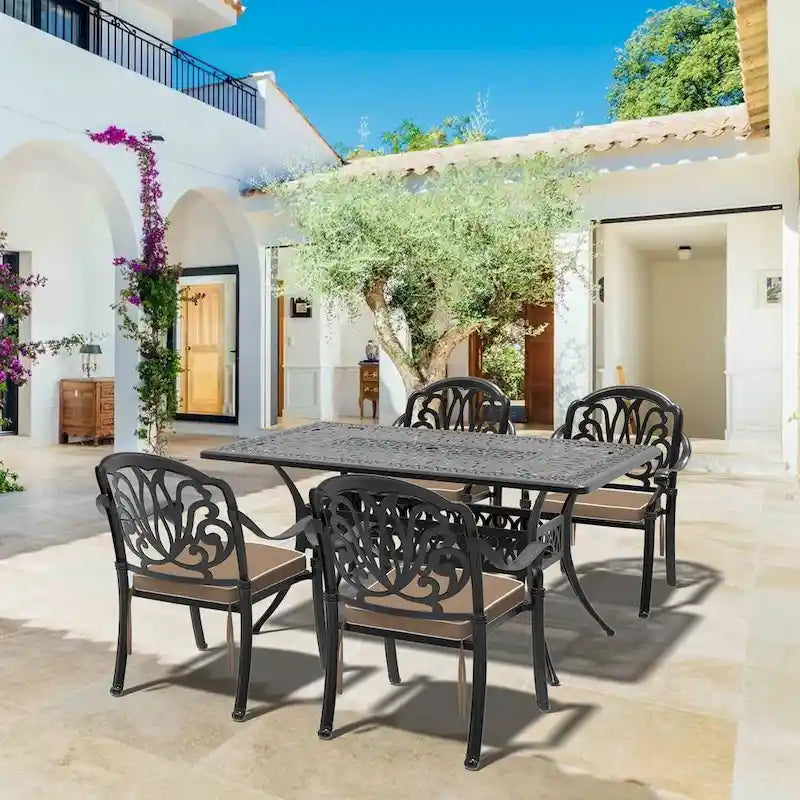5/7-Piece Cast Aluminum Outdoor Dining Set with 58.27 L X 34.65 W Rectangular Table and Random Color Seat Cushions