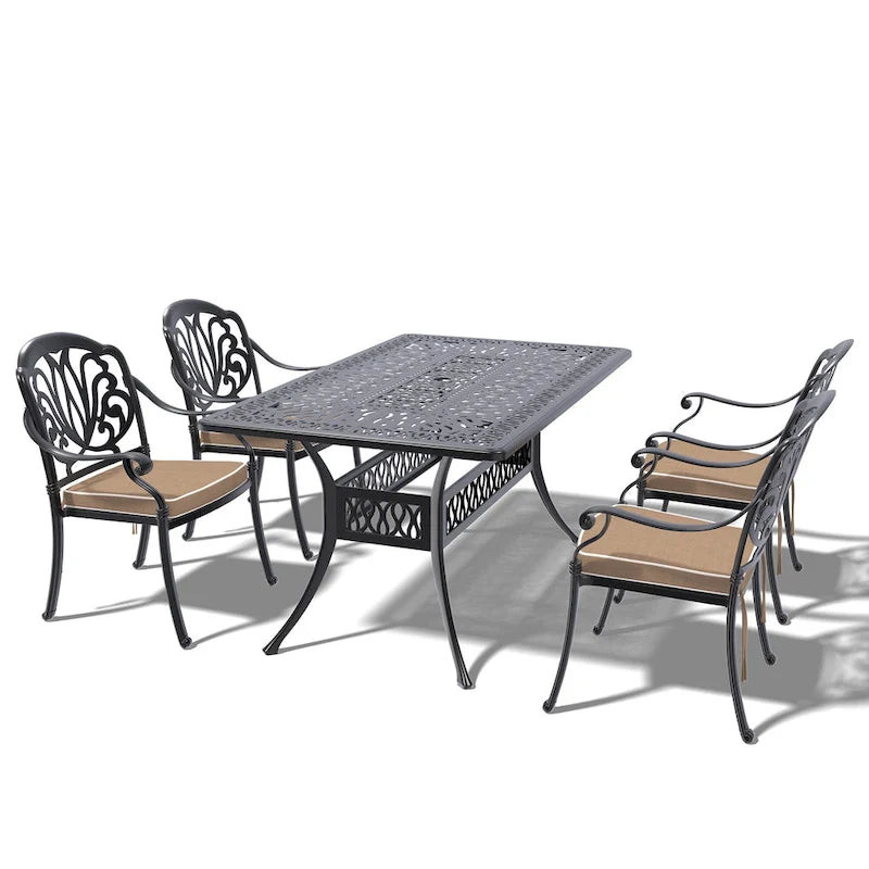 5/7-Piece Cast Aluminum Outdoor Dining Set with 58.27 L X 34.65 W Rectangular Table and Random Color Seat Cushions