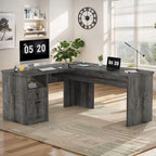 Modern Farmhouse Lift Top L-Shaped Desk with Charge Station, Corner Desk with File Drawers for Home Office