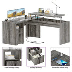 Modern Farmhouse Lift Top L-Shaped Desk with Charge Station, Corner Desk with File Drawers for Home Office